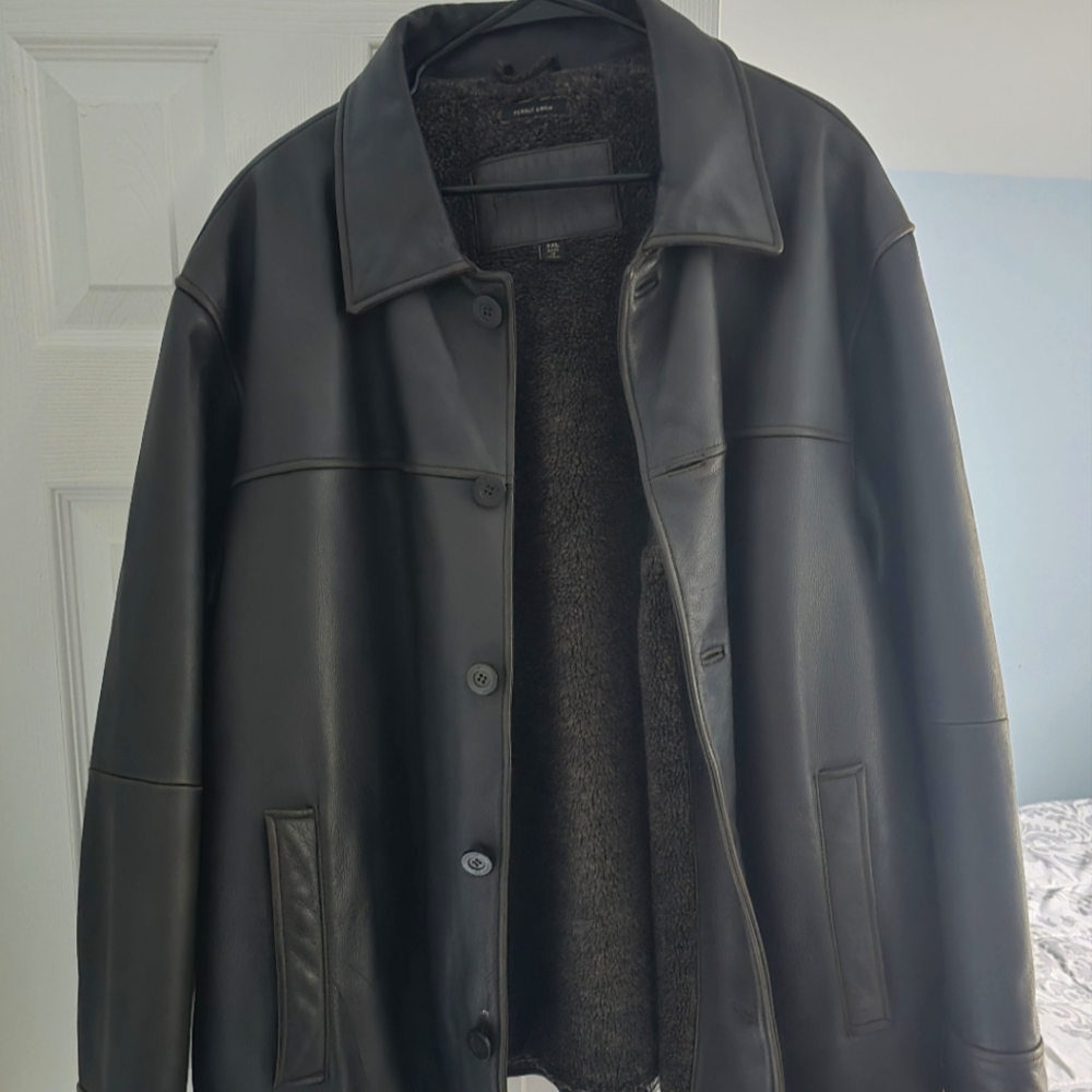 Claiborne Outerwear Mens Black Leather Long Sleeve Collared Button Coat Sz XXL